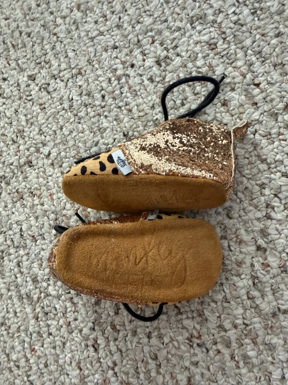 Monkey Feet Gold Glitter and Leopard Print Suede Lace-Up Baby Walker Boots 7c
